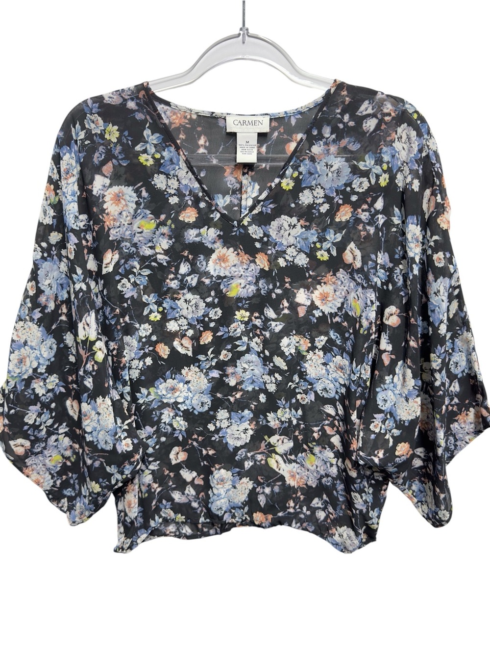 Silky Chiffon Knit Contrast Art Floral Watercolor Poncho Blouse Top Popover
